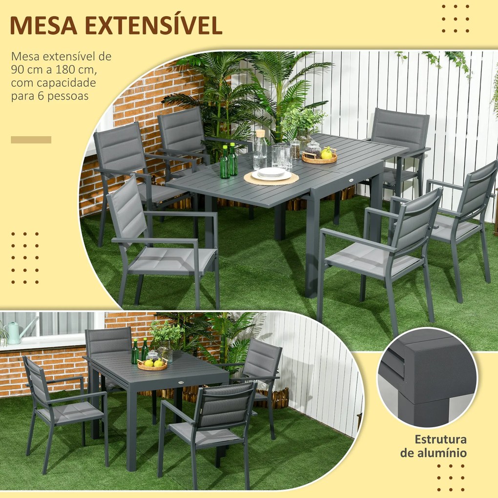 Conjunto de Móveis de Jardim 7 Peças Conjunto de Refeição de Exterior com Mesa Extensível e 6 Cadeiras Empilháveis com Estrutura de Alumínio e Assento