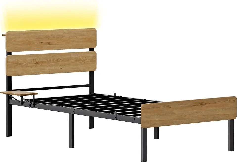 Estrutura de cama individual, 90 x 200 cm (COLChÂO NÃO INCLUIDO), com luzes LED Castanho