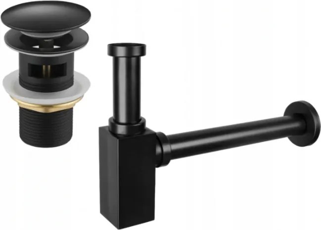 Mexen meio sifão de lavatório quadrado com válvula click-clack, com sobrefluxo, preto - 7992060-70