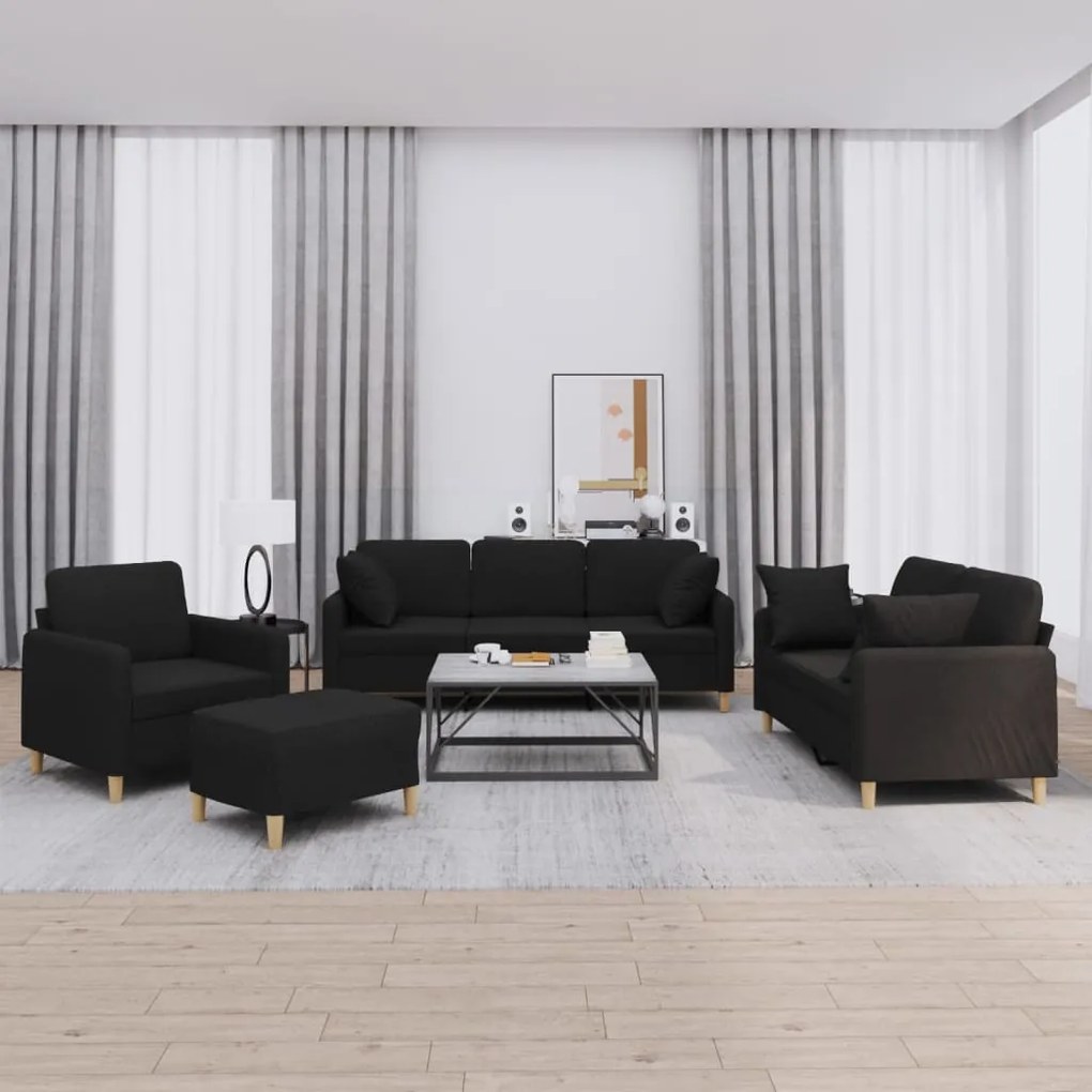 4 pcs conjunto de sofás com almofadas tecido preto