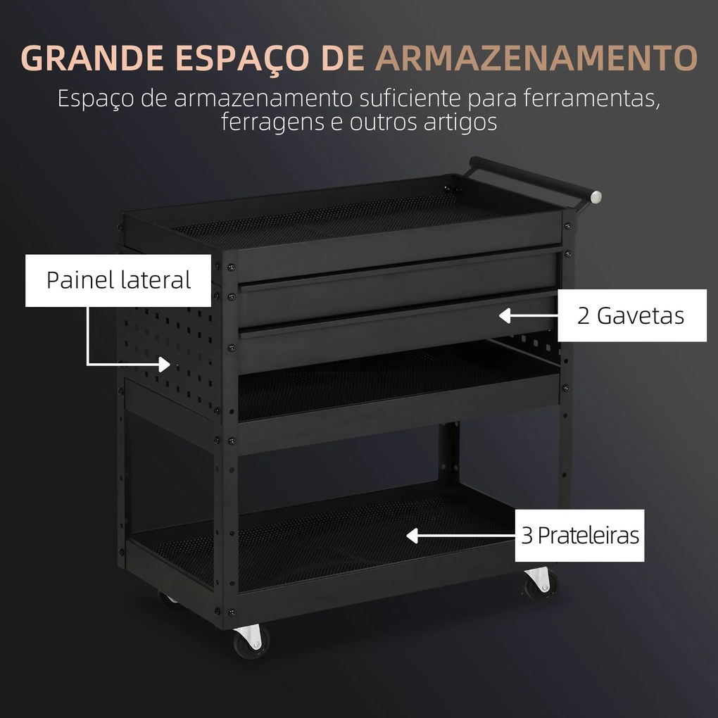 Carro de Ferramentas para Oficina com Rodas Carga 70kg Carro de Ferramentas com 2 Gavetas e 3 Prateleiras de Armazenamento para Garagem Oficina Mecâni