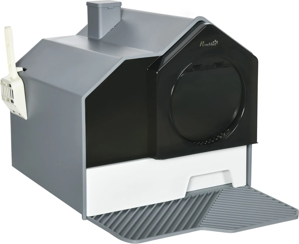 PawHut WC Gatos Caixa Areia Fechada Gato Bandeja Amovível Pá Filtro Desodorizante 47x45x42 cm Cinza | Aosom Portugal
