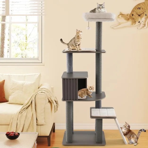 Arranhador para gatos de 171 cm com caverna cinzento