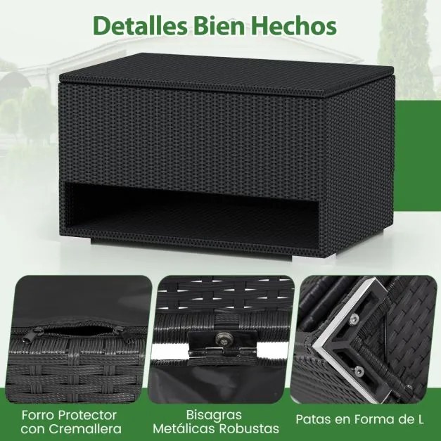Caixa de armazenamento exterior de rattan com sapateira 95 x 60 x 58 cm com Forro protetor impermeável para Almofadas, terraço Varanda Preto