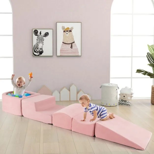 Conjunto de 5 peças para escalada e rampa para crianças Blocos de construção em esponja com piscina de bolas Cobertura lavável Criativa Rosa