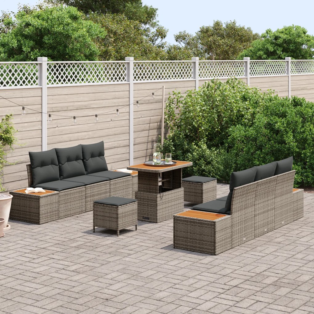 Conjunto de Sofá de Jardim vidaXL 9 Peças com Almofadas Cinza Rattan A