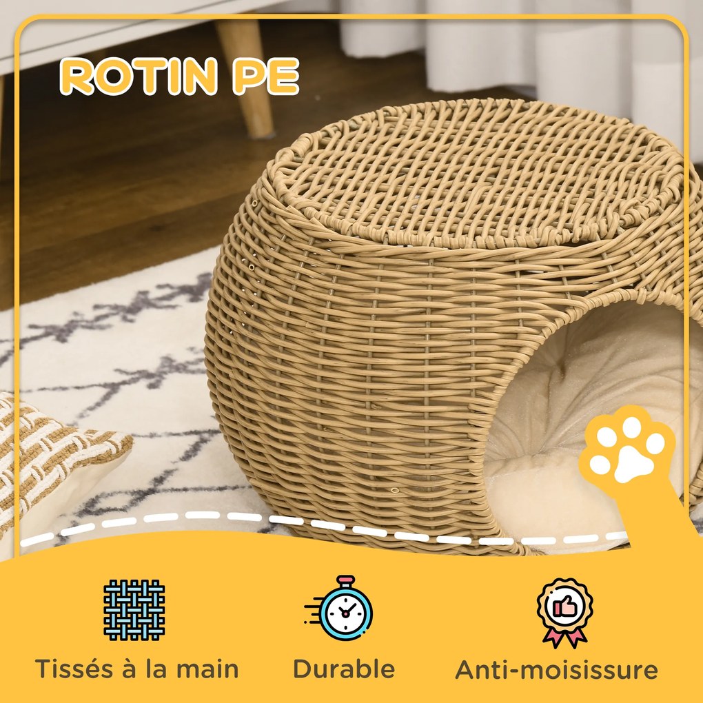 Cama para gatos com 2 níveis, em resina trançada com aspeto de vime, com 1 almofada macia Ø 40 x 30 cm, castanho claro