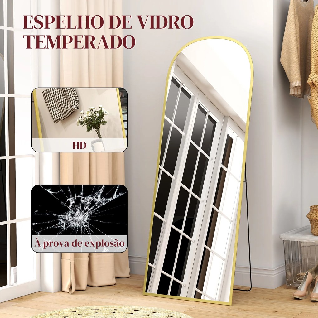 Espelho de Pé Espelho de Corpo Inteiro 60x165 cm com Estrutura de Liga de Alumínio e Suporte para Sala Quarto Dourado