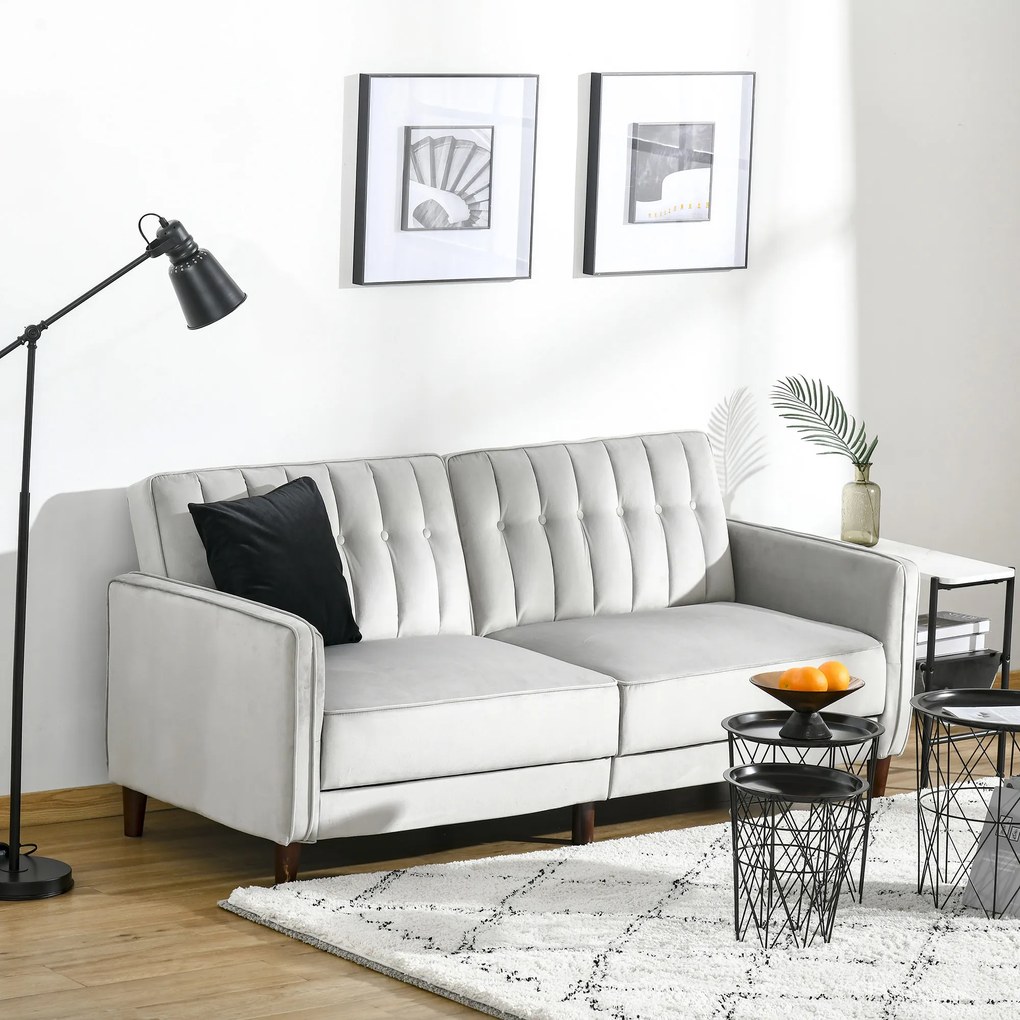 HOMCOM Sofá de 2 Lugares Convertível em Cama Estofado Aveludado com Encosto Ajustável e Pés de Madeira para Sala de Estar Escritório 189x81x83,5cm Cinza Claro