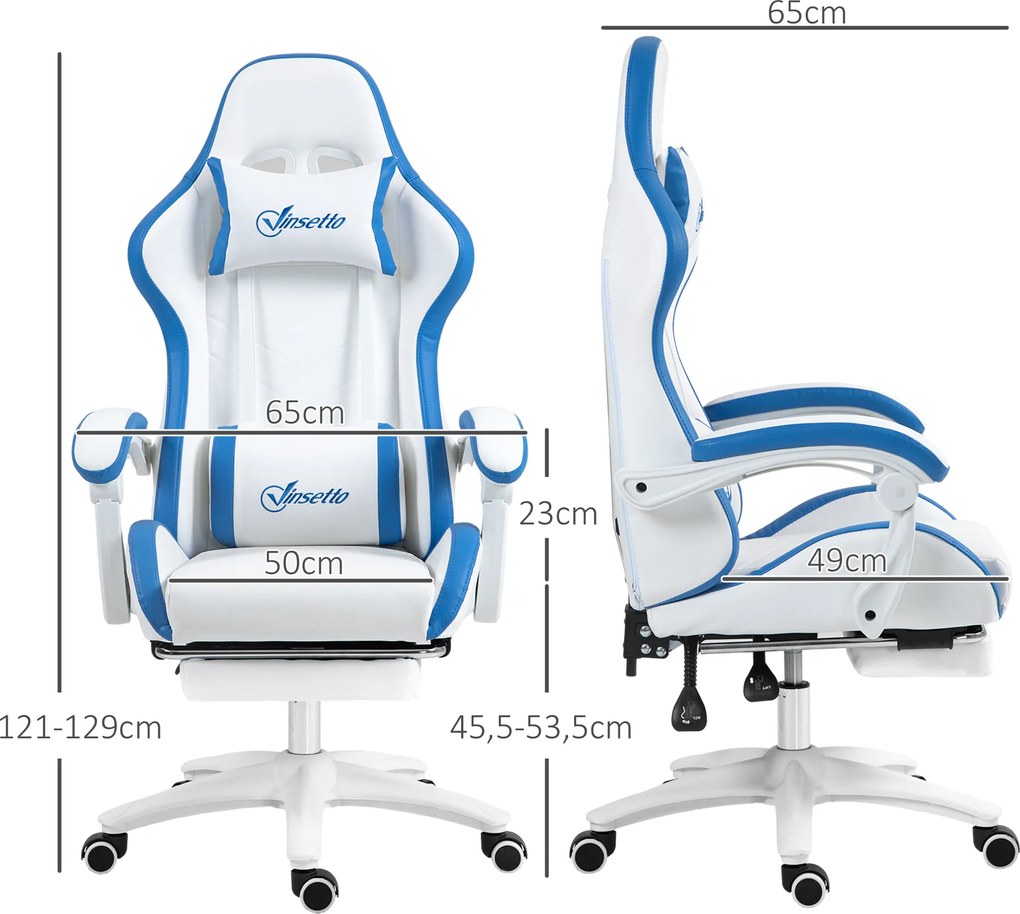 Cadeira de gaming ergonómica com encosto reclinável até 135° e apoio lombar, 65 x 65 x 121-129 cm, branca