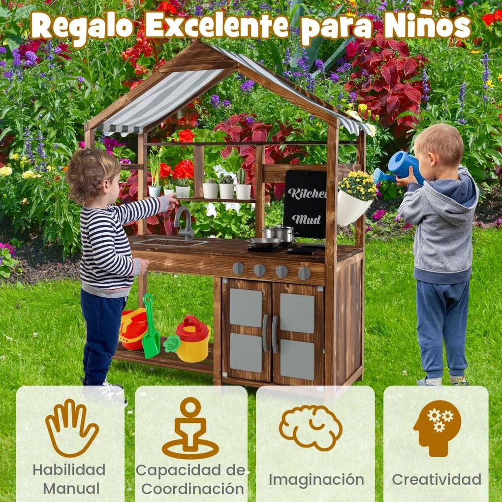 Cozinha de brincar em madeira para crianças dos 3 aos 7 anos com Toldo, torneira giratória, lava-loiça, puxadores realistas, natural