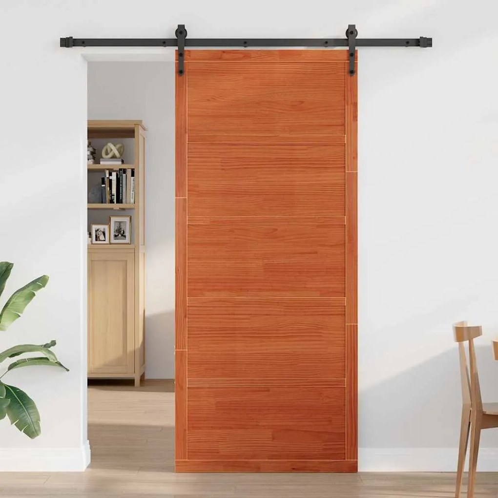 Porta de Celeiro Marrom Encerado 90x208 cm Madeira Sólida de Pinus