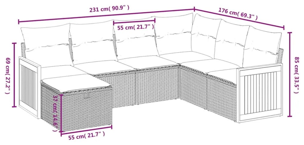 7 pcs conjunto de sofás p/ jardim c/ almofadões vime PE preto