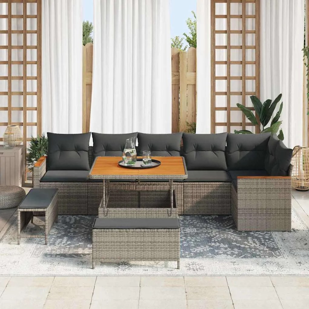 Conjunto de Sofá de Jardim vidaXL 9 Peças com Almofadas Cinza Rattan A