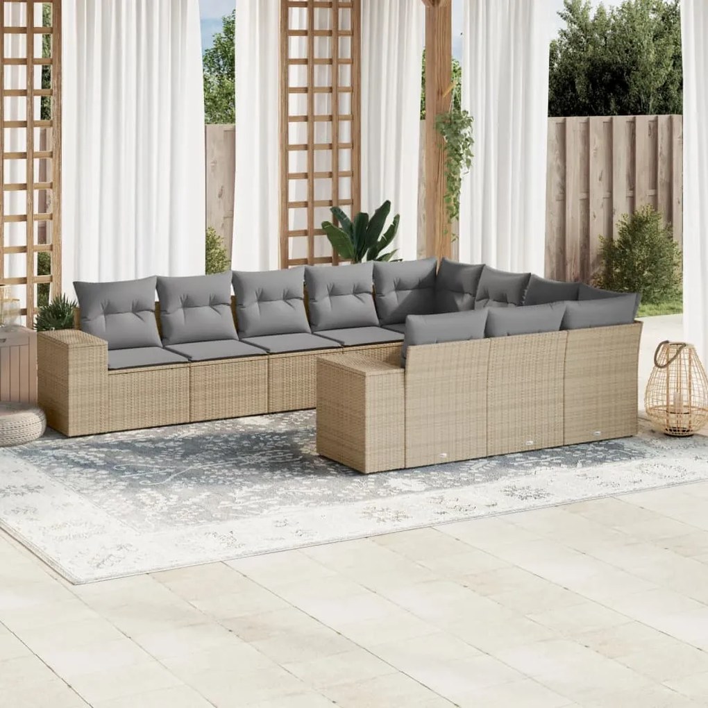 10 pcs conjunto de sofás p/ jardim com almofadões vime PE bege