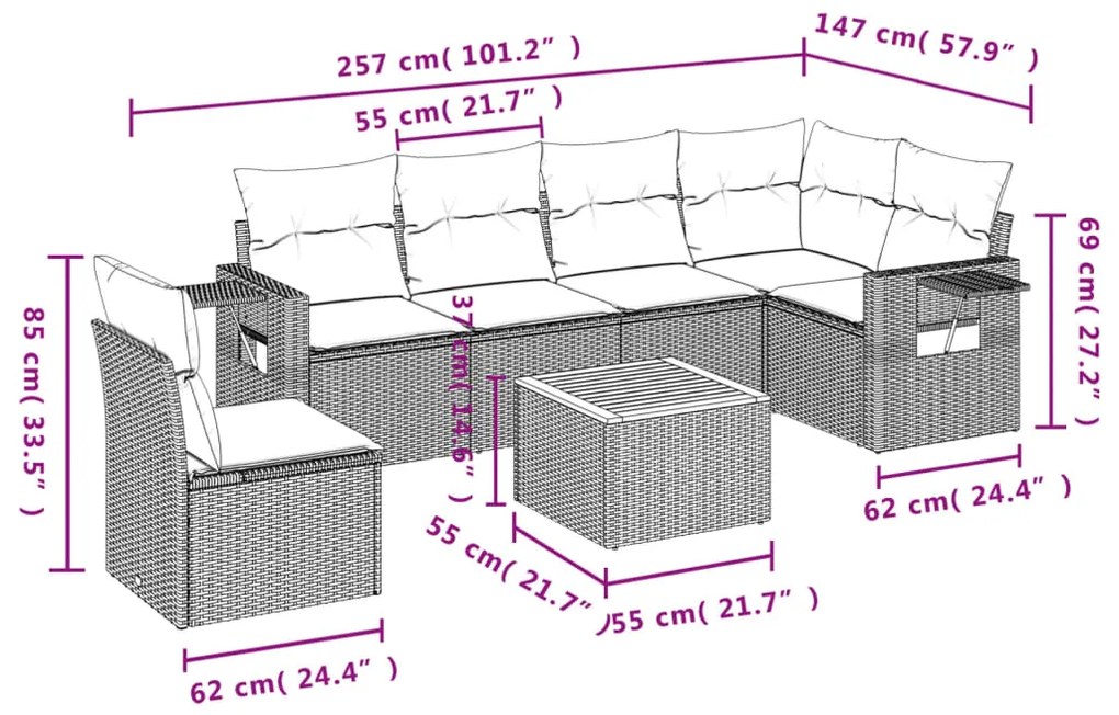 7 pcs conj. sofás jardim c/ almofadões vime PE bege misturado