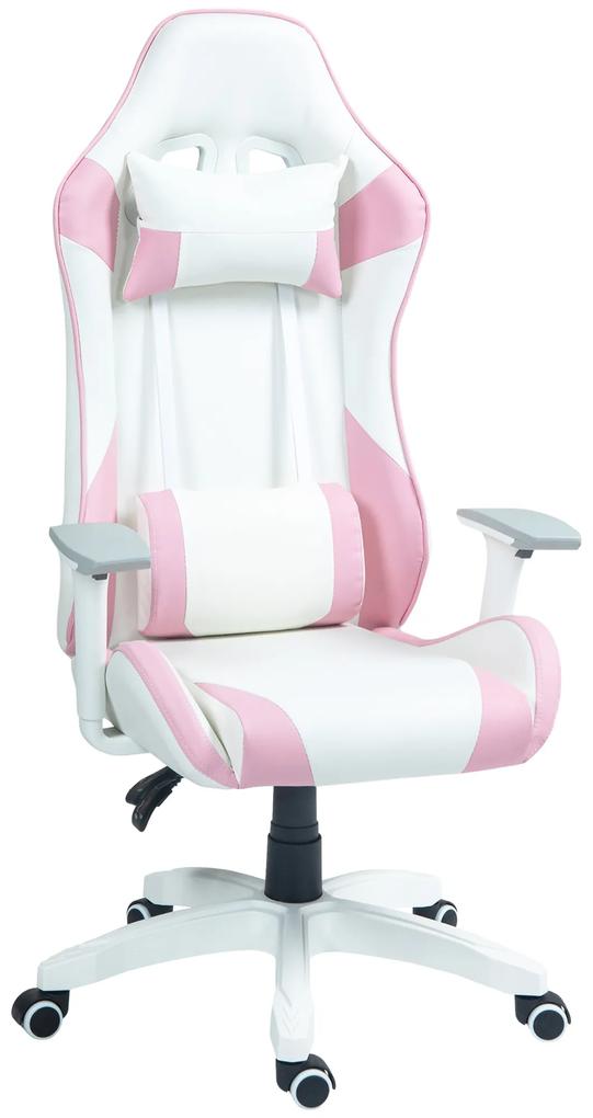 HOMCOM Cadeira Gaming Reclinável Almofada Lombar Apoio Cabeça Basculante Altura Ajustável 67x60x120-128 cm Branco Rosa | Aosom Portugal