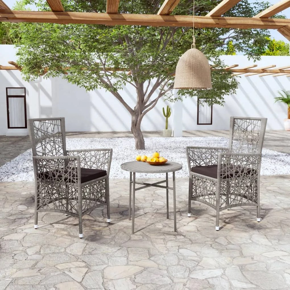 vidaXL 3 pcs conjunto de jantar para jardim vime PE cinzento