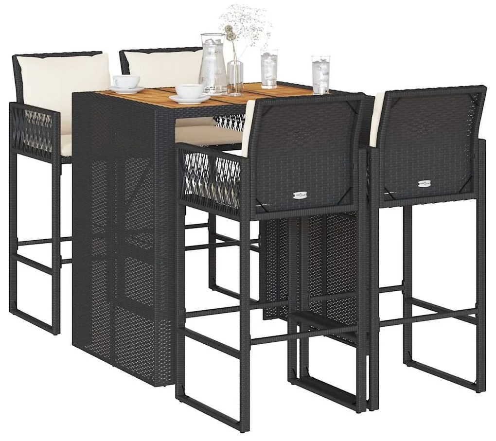 5 pcs conjunto de bar jardim c/ almofadões vime PE/acácia preto