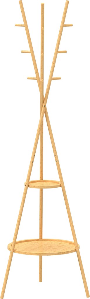 HOMCOM Cabide de Pé em Bambu Cabide para Roupas com 2 Prateleiras e 9 Ganchos Design Elegante 58,5x58,5x176 cm Madeira | Aosom Portugal