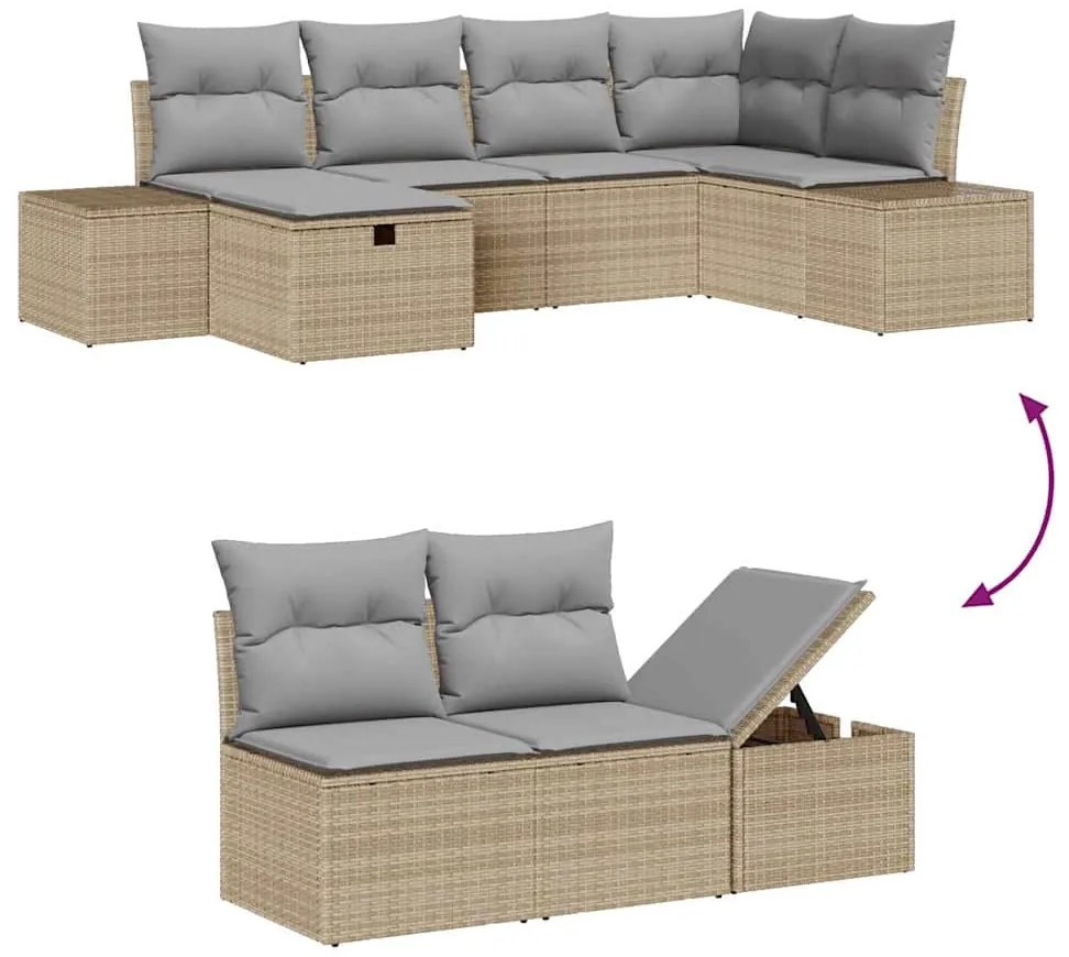 Conjunto de Sofás 6 peças com Almofadas Bege de Rattan Poliéster