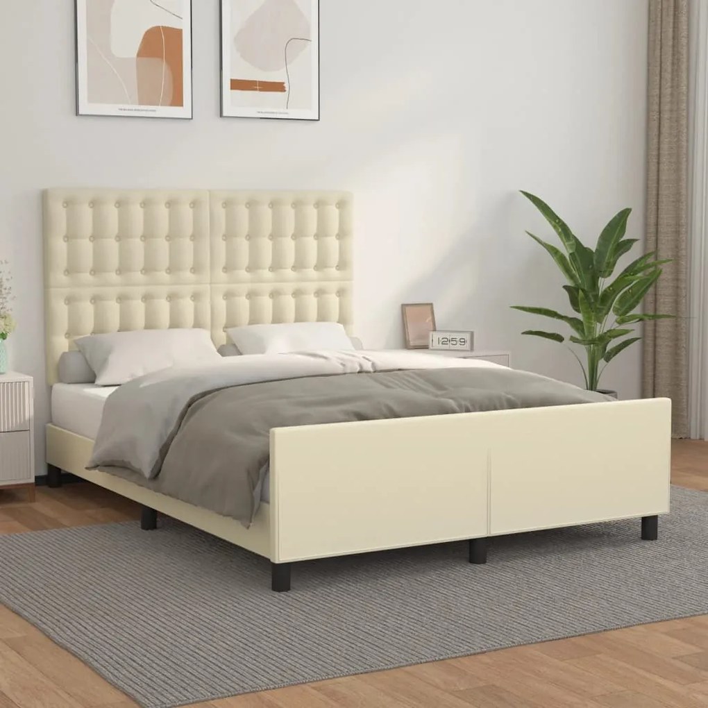 Estrutura de cama c/ cabeceira couro artificial 140x190cm creme