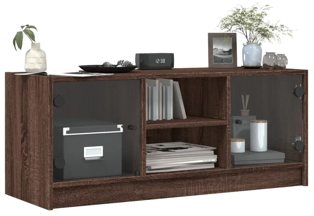 Móvel de TV c/ portas de vidro 102x37x42 cm carvalho castanho