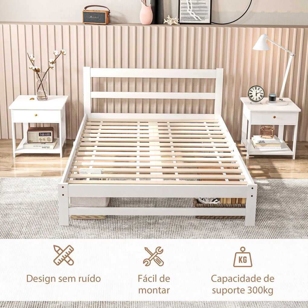 Estrutura de Cama de Madeira Estrado de Cama de Casal para Colchão 190x135 cm Carga 300 kg 195x141x80 cm Branco