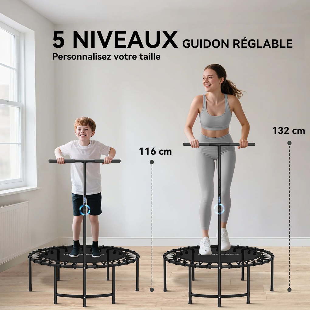 Trampolim de fitness com cordas elásticas, pega ajustável em 5 posições, capacidade de 100 kg, aço, Ø102x132 cm, preto