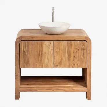 Conjunto De Móvel De Casa De Banho Em Madeira Vacry Castanho Acácia & Cimento Redondo Branco Ø40 Cm Zavion & Sem Espelho & Cinzento Escovado ↑30 Cm Co