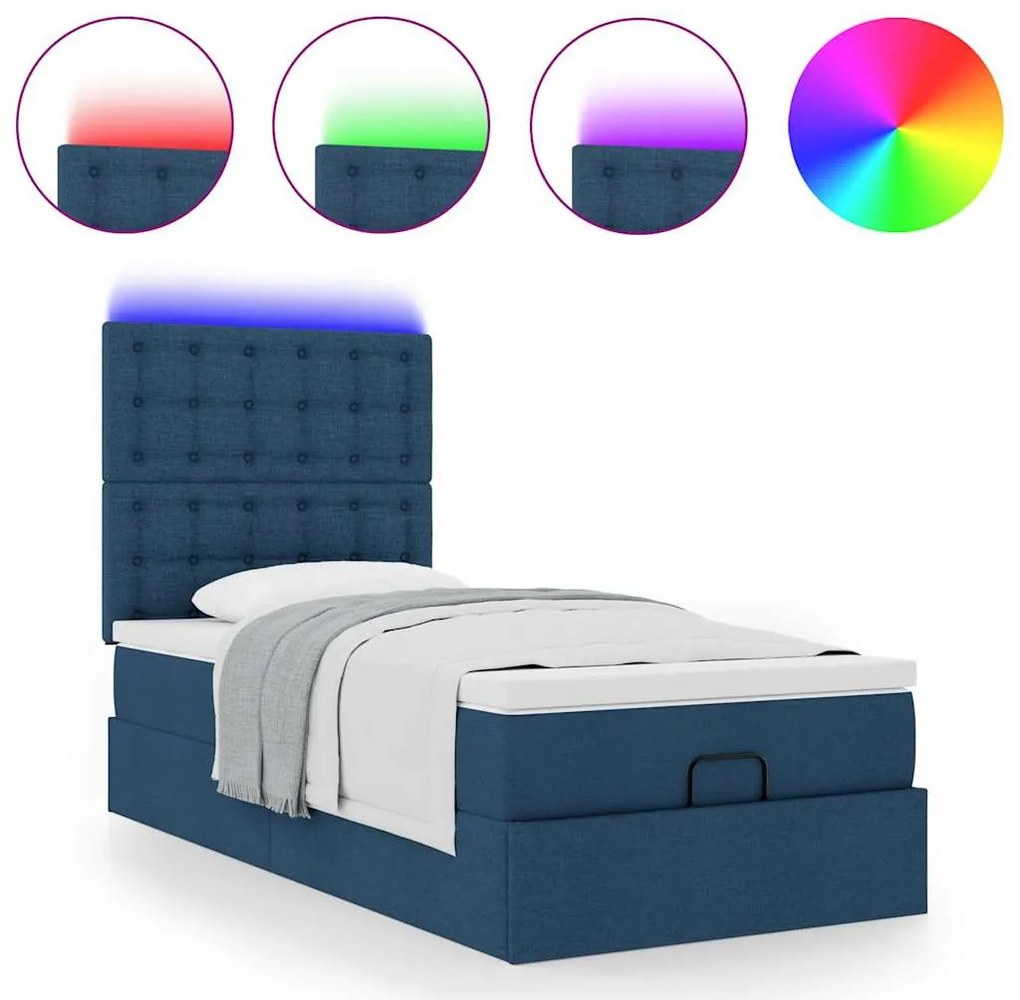 Cama Otomana com Colchão &amp; LEDs Tecido Azul 90x200 cm