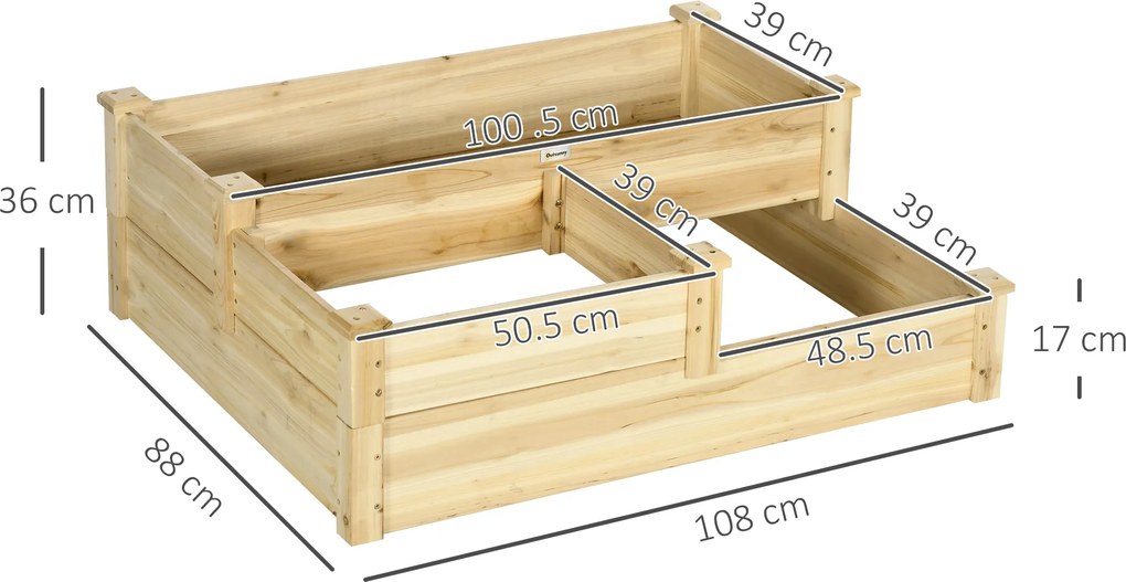 Floreira de madeira para horta 108 x 88 x 36 cm, floreira exterior em degraus com 3 níveis, design sem fundo, madeira natural