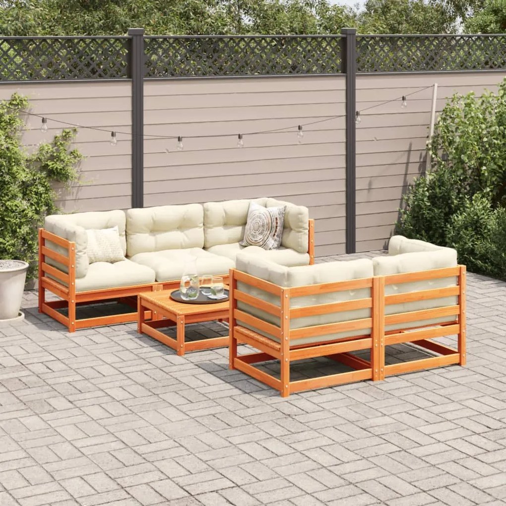 6 pcs conj. sofás jardim almofadões pinho maciço castanho cera