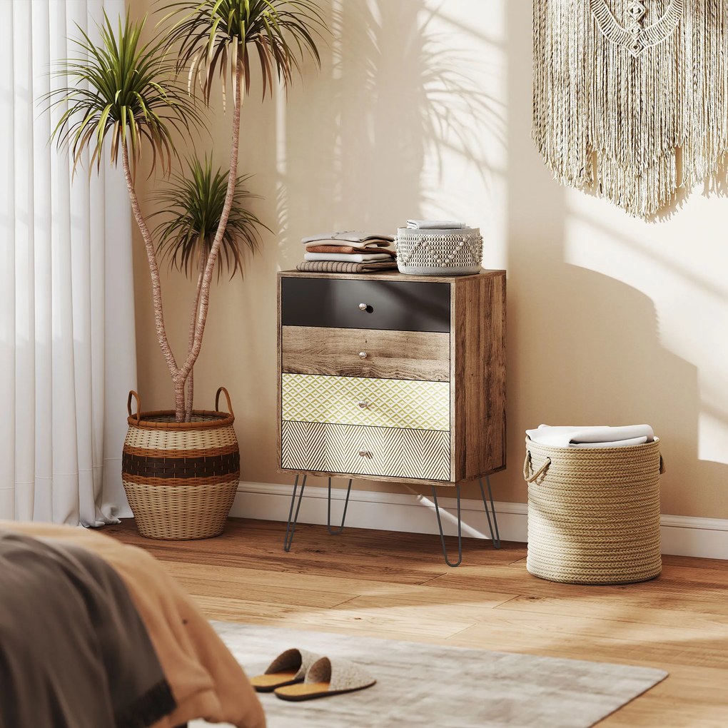 Cómoda 4 Gavetas Cómoda para Quarto com Pés em Forma de V de Aço Estilo Boémio 60x39x86 cm Multicor