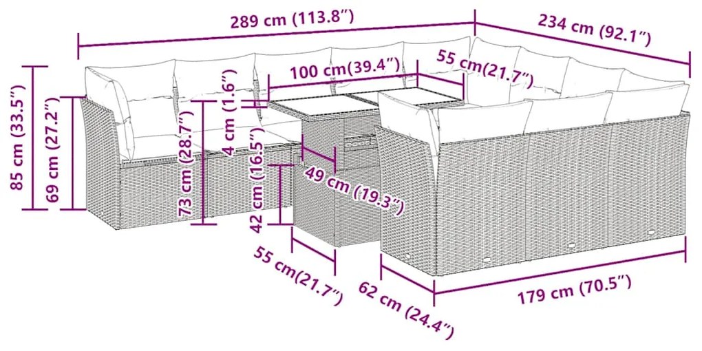 11 pcs conjunto sofás de jardim c/ almofadões vime PE cinzento