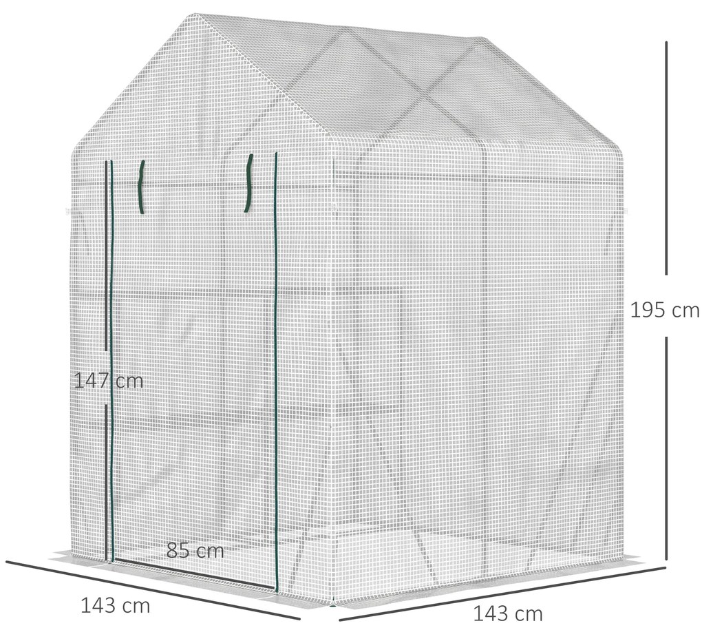 Estufa de Jardim 143x143x195 cm Estufa de Aço com 2 Prateleiras e Porta Enrolável para Cultivos de Plantas Vasos de Flores Pátio Exterior Branco