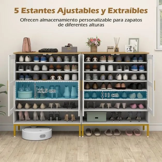 Sapateira de 7 níveis 80 x 37 x 106 cm com portas de malha Organizador moderno para sapatos em madeira com prateleiras ajustáveis Branco