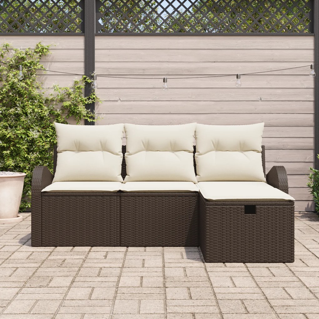 Conjunto de Sofá de Jardim vidaXL de 4 Peças Com Almofadas Castanho Po