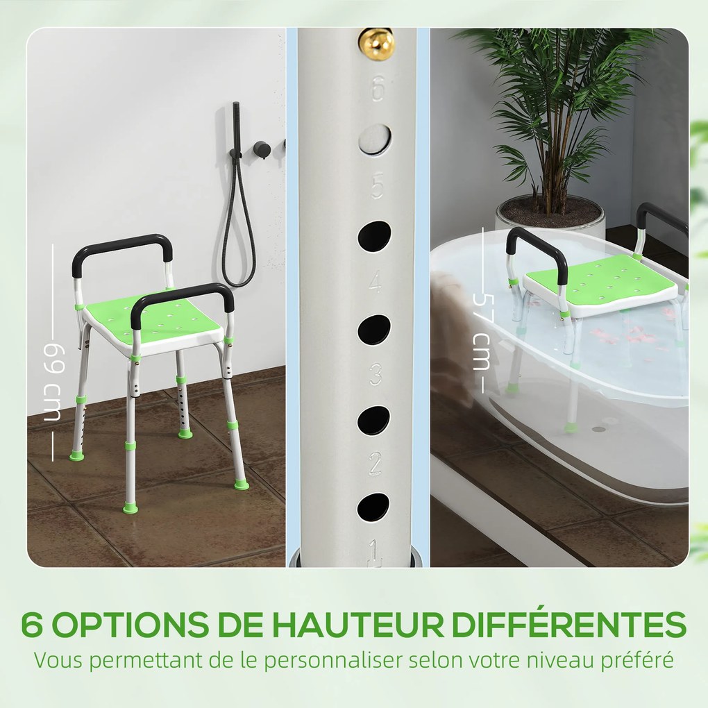Banco de duche para idosos e pessoas com deficiência, com braços de apoio, altura ajustável, pés antiderrapantes, verde