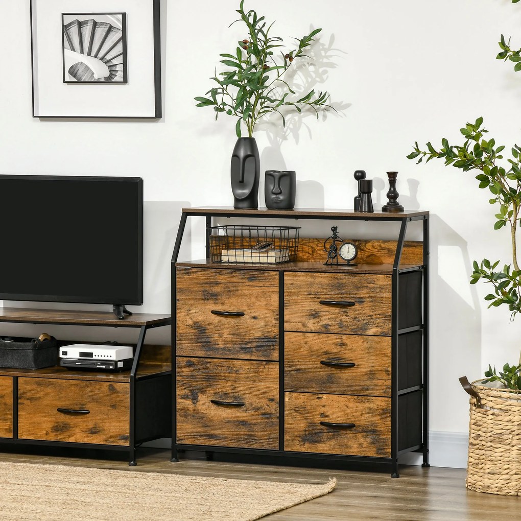 Cómoda com 5 Gavetas de Tecido Dobrável e Prateleira Aberta Armário de Armazenamento para Estudio Dormitório Estilo Industrial Anti-Tombo 83,5x29x87cm