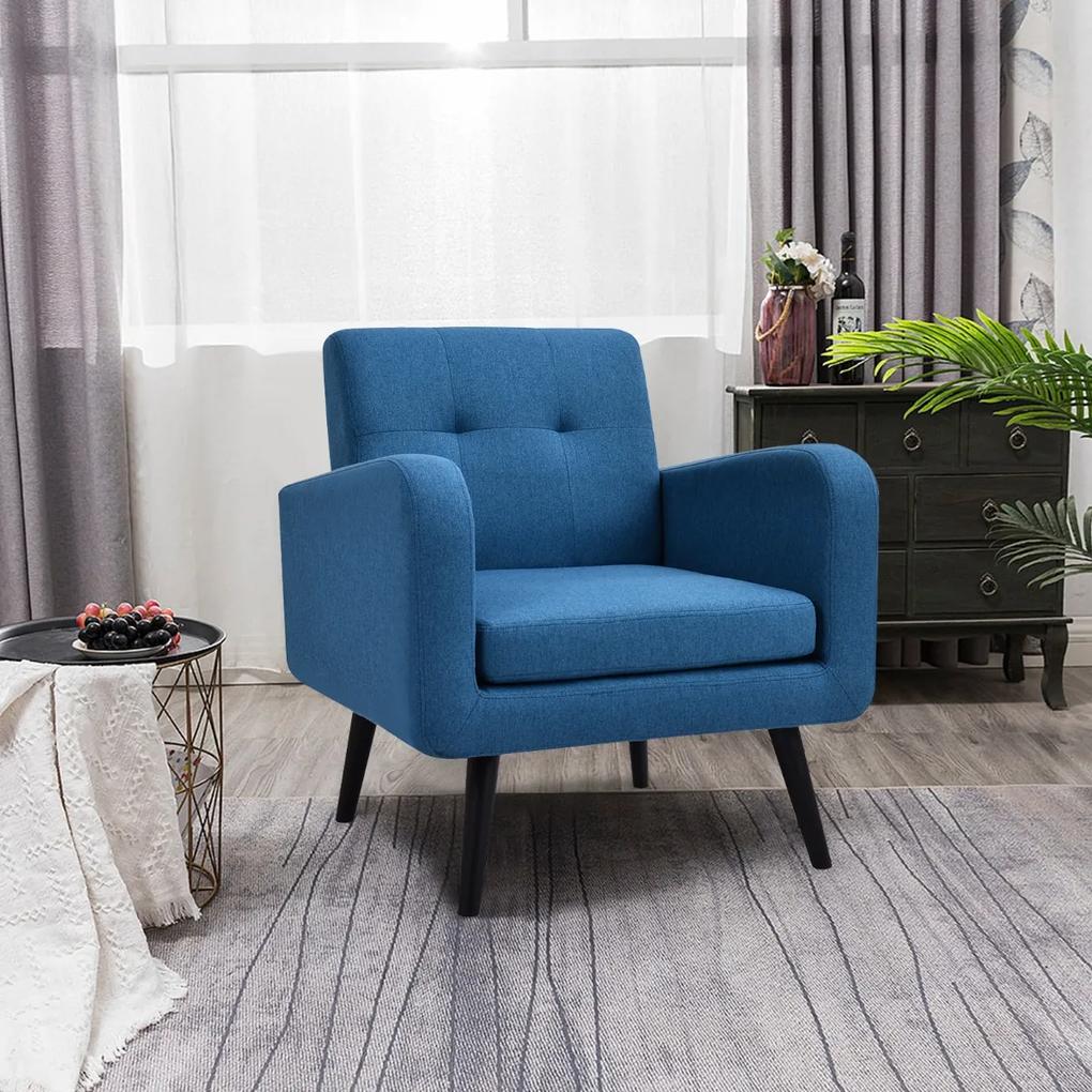Poltrona moderna estofada com pernas de madeira de borracha e apoios de braços em tecido de linho para sala de estar, quarto, escritório Azul