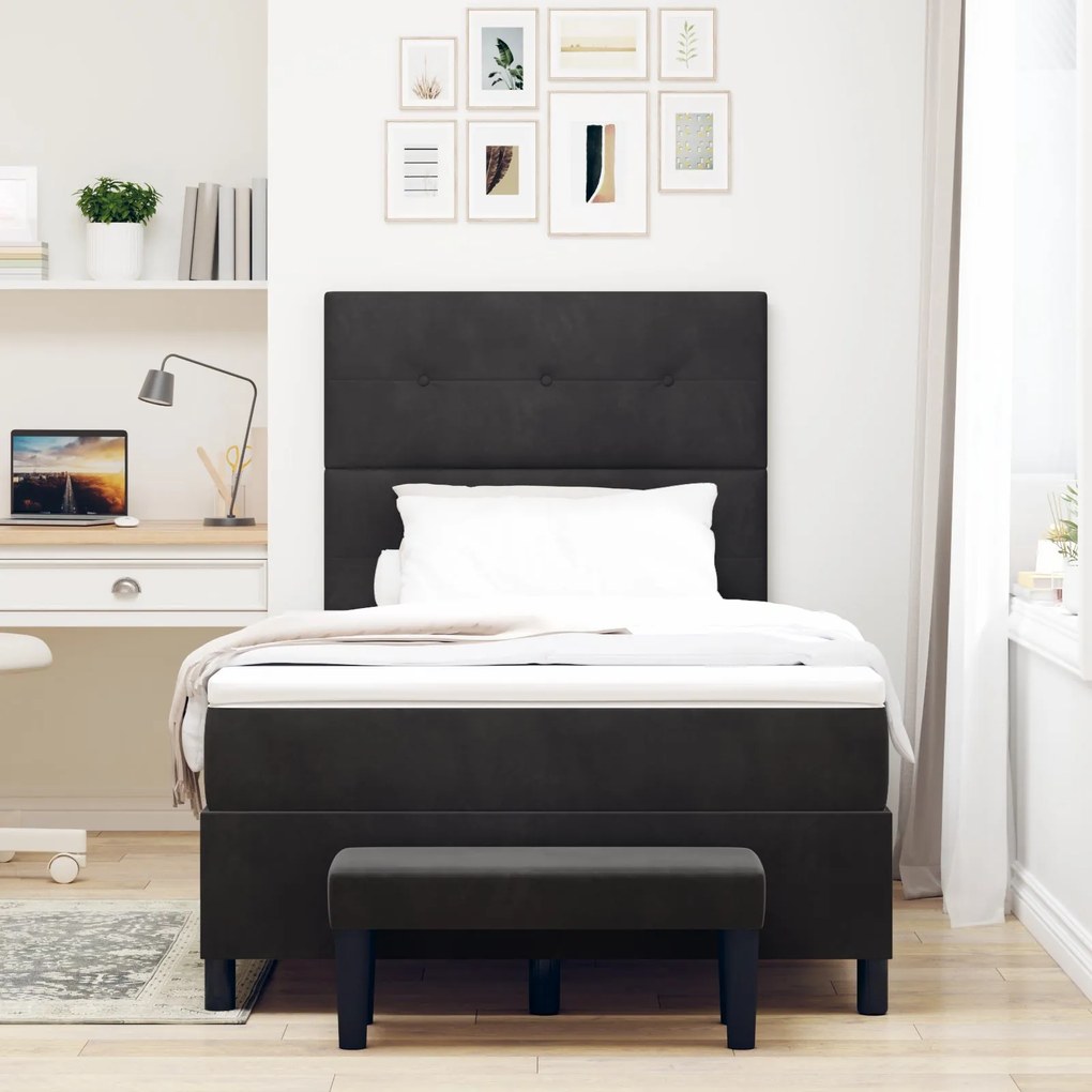 Cama Box com Colchão e Banco Preto 120x200 cm Veludo