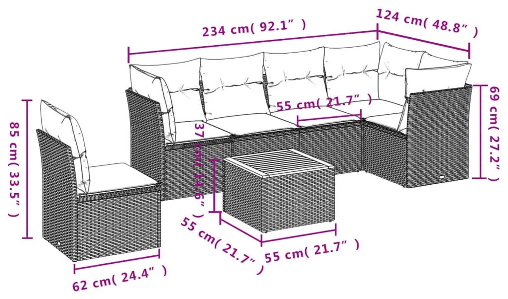 7 pcs conjunto sofás p/ jardim c/ almofadões vime PE cinzento