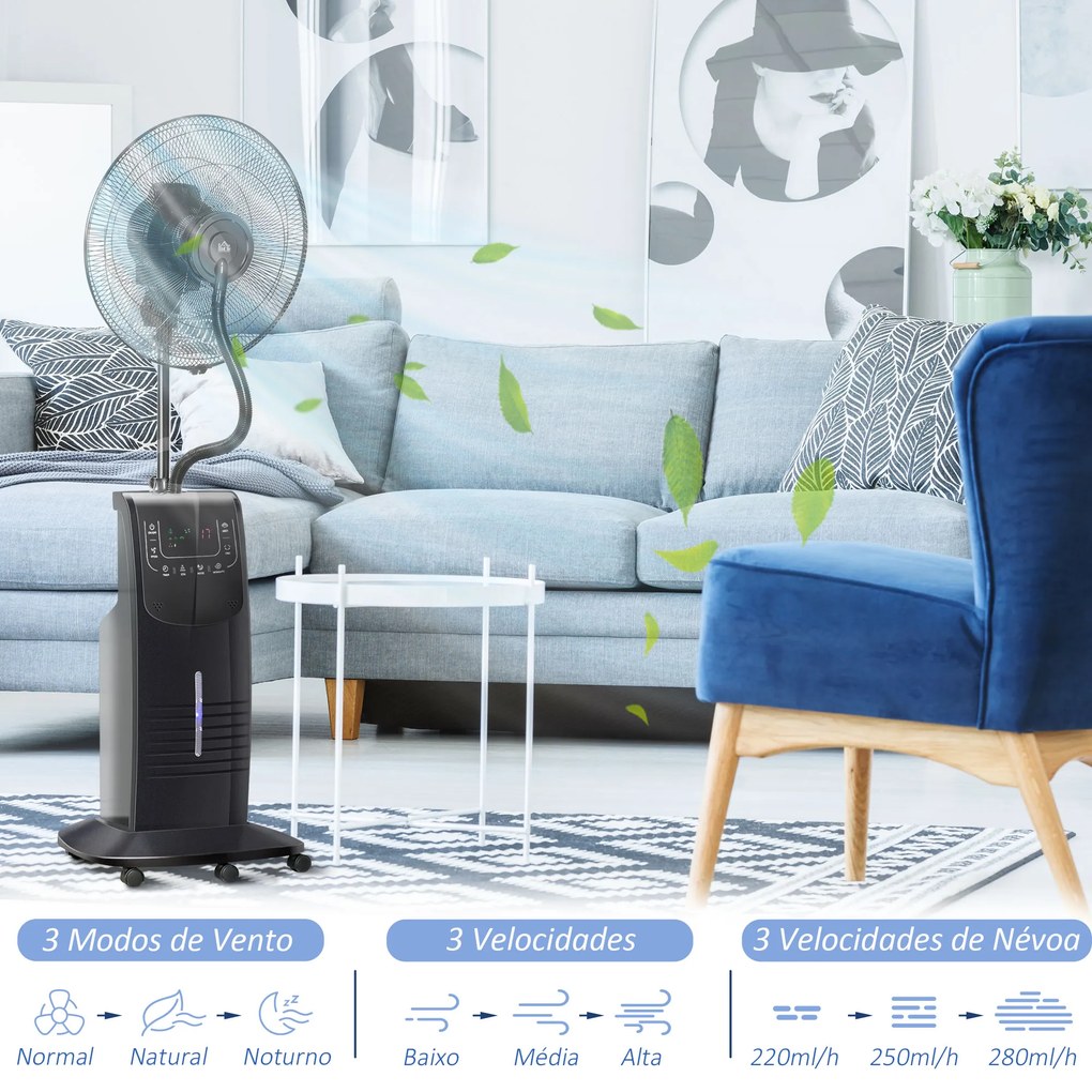 HOMCOM Ventoinha Nebulizadora 90W com Oscilação Controlo Remoto 5 Lâminas Depósito de Água 3,1L 3 Velocidades Temporizador e Rodas 44,5x44,5x135 cm Preto