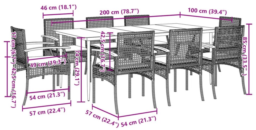 9 pcs conjunto de jantar p/ jardim c/ almofadões vime PE cinza