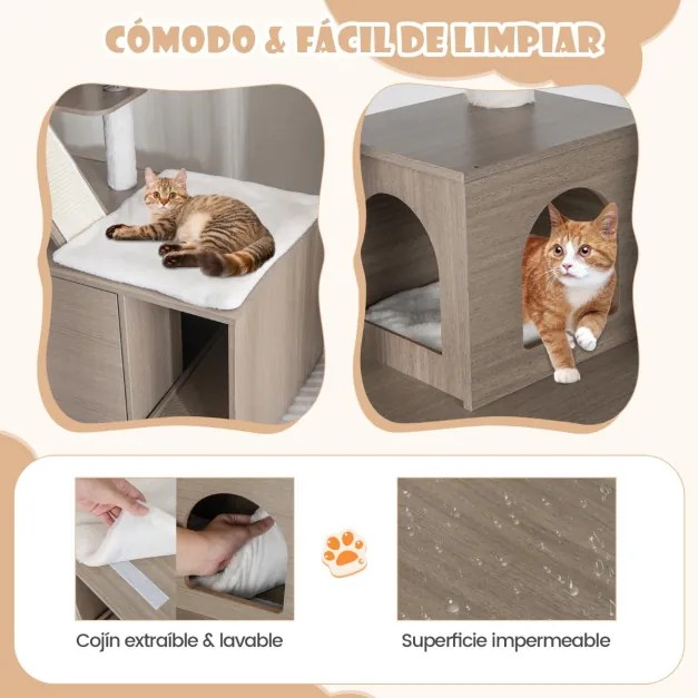 Arranhador para gatos 2 em 1 com Caixa de Areia Armarios para gatos Torre de arranhar Postes de sisal Rampa suspensa cinzenta