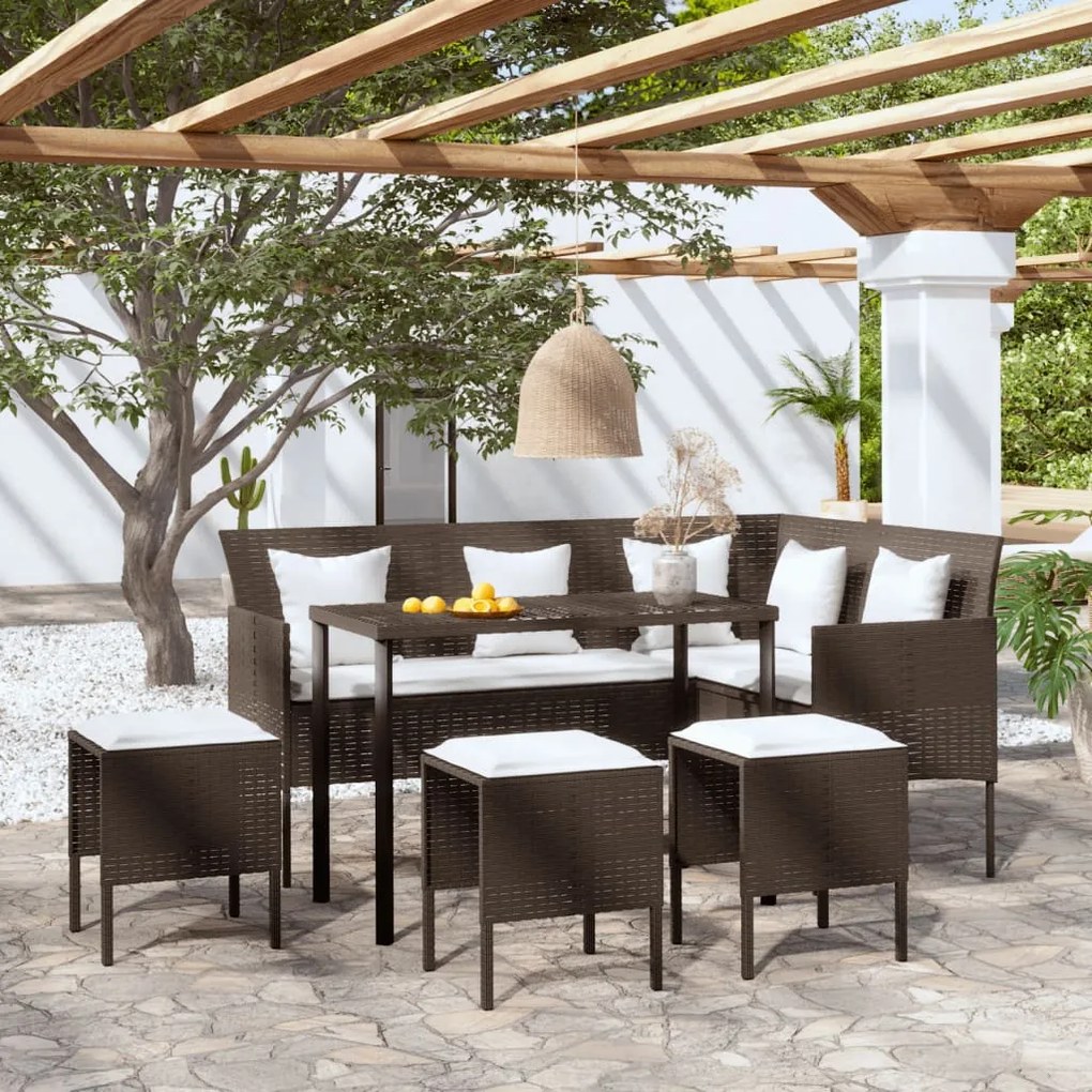 318577 vidaXL 5 pcs conjunto sofás formato L c/ almofadões vime PE castanho