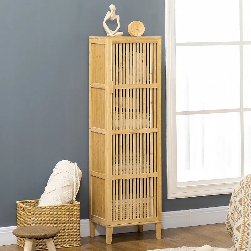 Móvel de arrumação em bambu com prateleiras e porta de design com ripas para casa de banho 40 x 30 x 140 cm