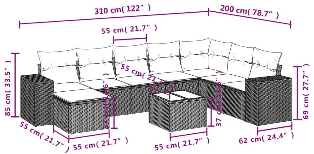 9 pcs conjunto sofás p/ jardim c/ almofadões vime PE castanho