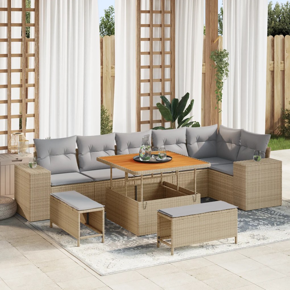 Conjunto de Sofá de Jardim vidaXL de 9 peças com Almofadas Bege Rattan